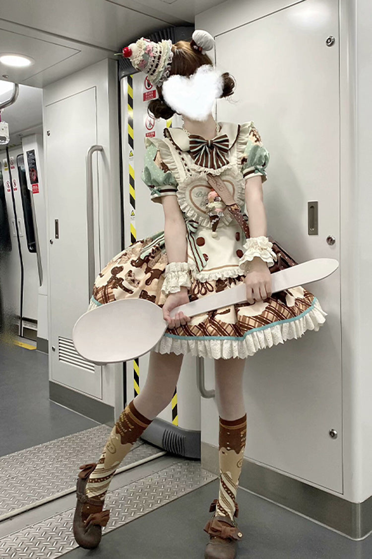 Sweet Lolita Dress with Chocolate Cake Bear Print and Lace-Up