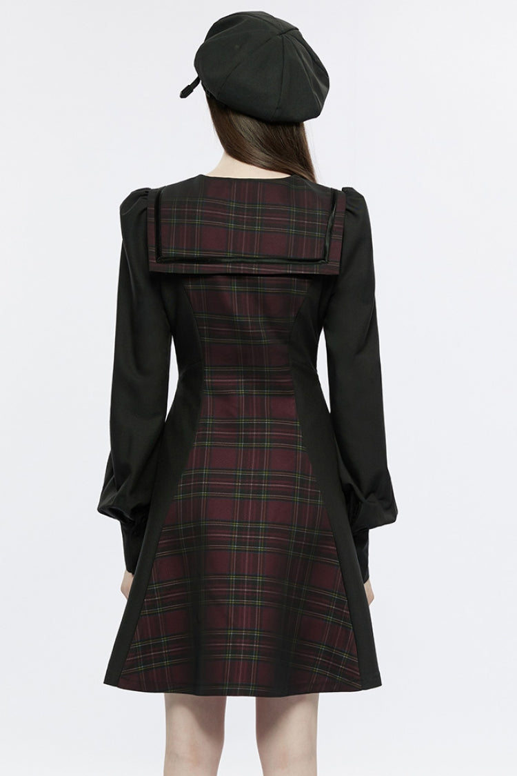 Crimson Noir Detachable Lace-Up Lantern-Sleeve Plaid Punk College Dress