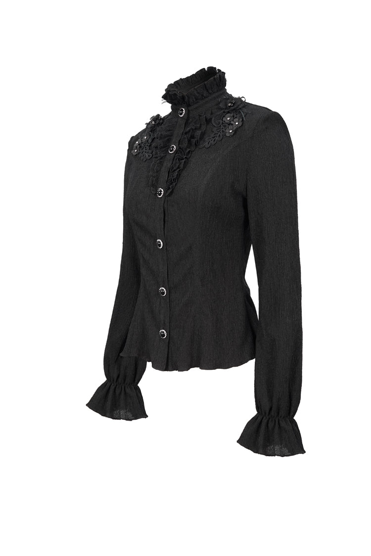 Gothic Shirt with High Neck Lantern Sleeves and Embroidered Details