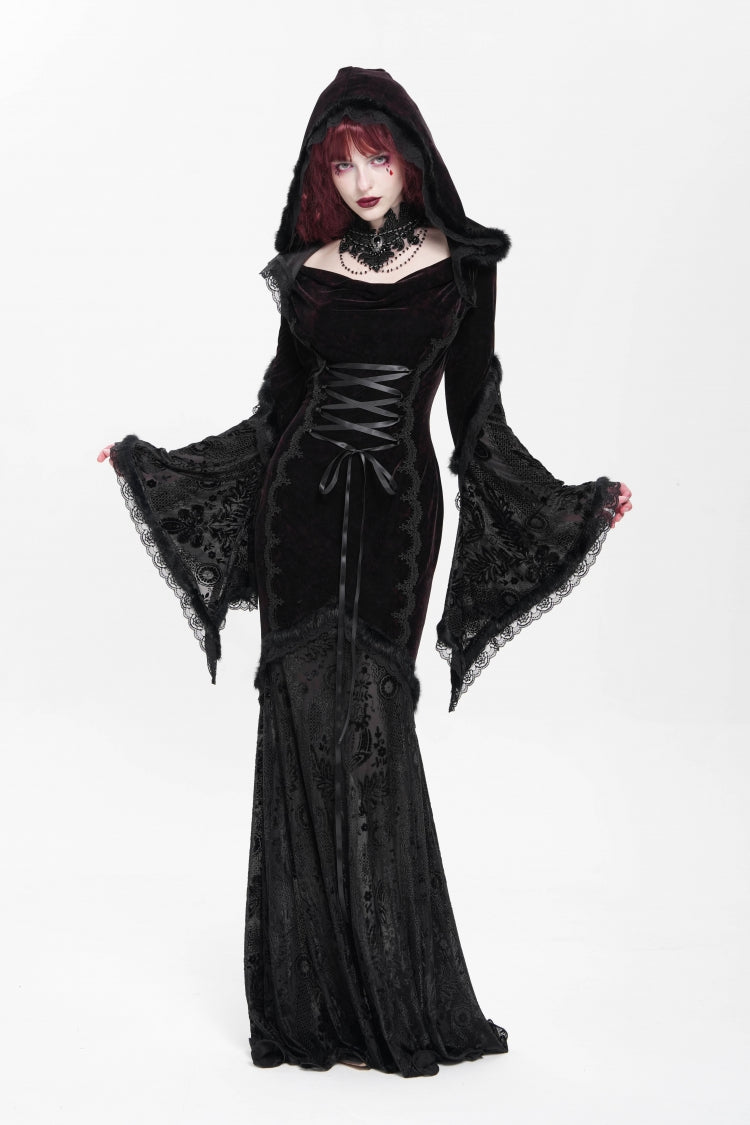 Crimson & Noir Long Flared Sleeve Embroidered Stitched Hooded Mesh Gothic Dress
