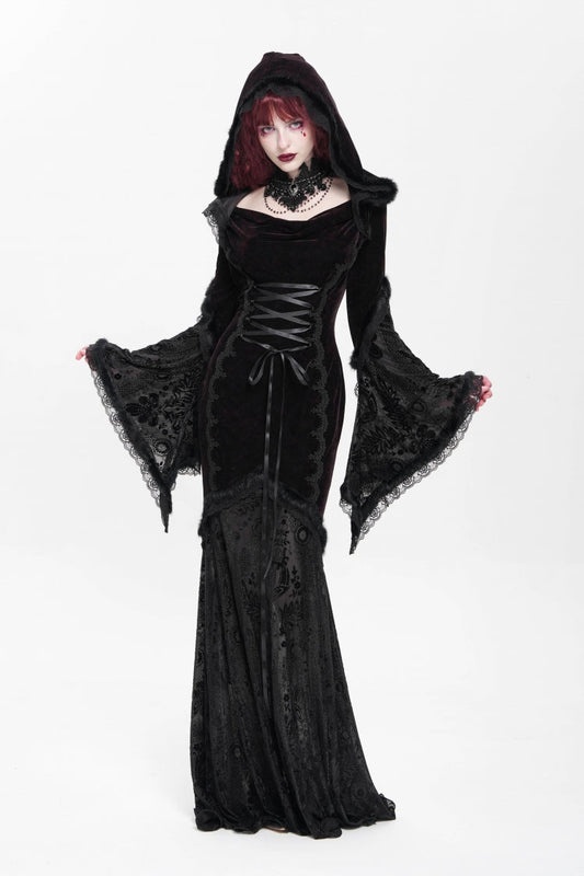 Crimson & Noir Long Flared Sleeve Embroidered Stitched Hooded Mesh Gothic Dress