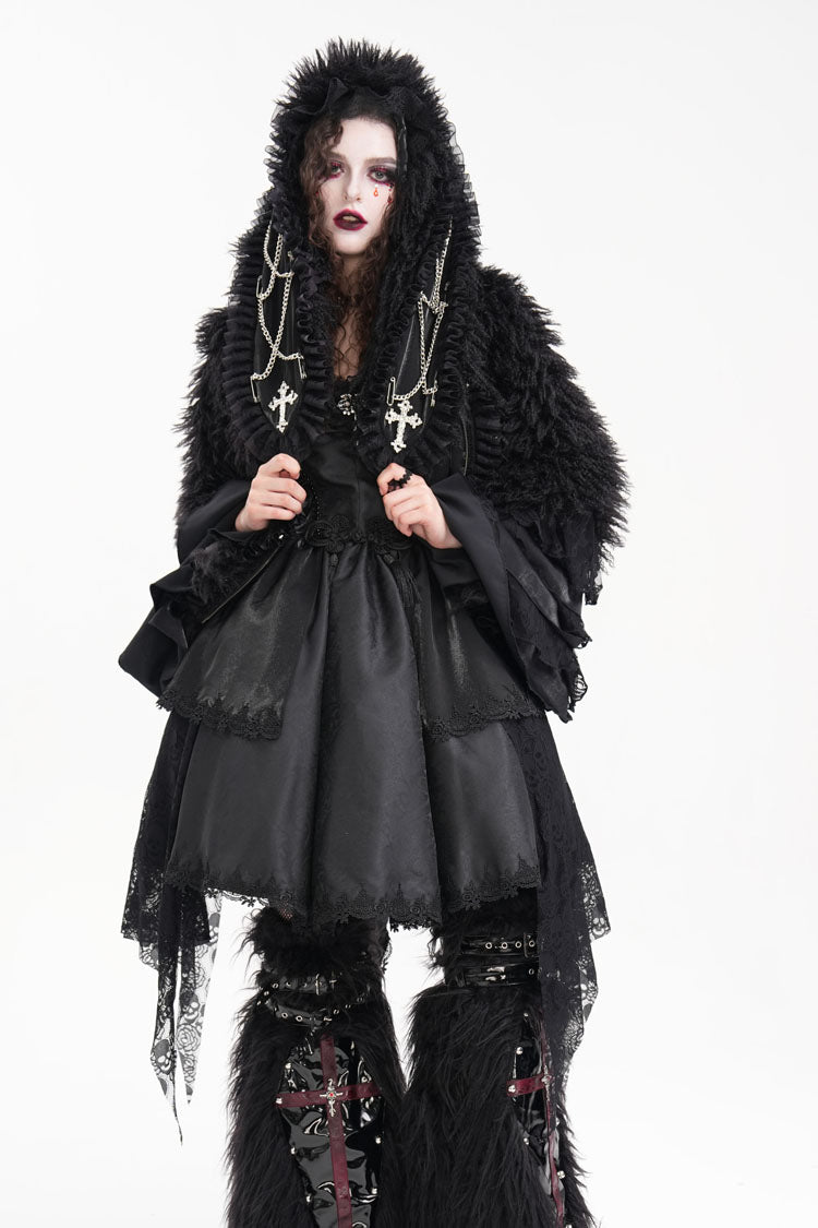 Gothic Jacket with Lace Hood, Zipper Chain, and Extended Sleeves