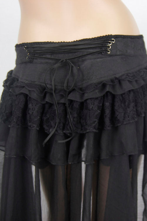 Gothic Short Women's Pants with Back Front Buckle Waist, Lace Up, Chiffon Lace Hem