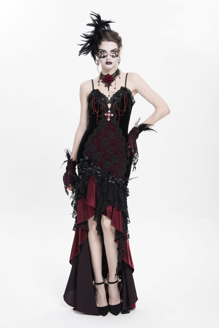 Crimson Gothic JSK with Embroidered Lace and Sleeveless Bardot Neckline