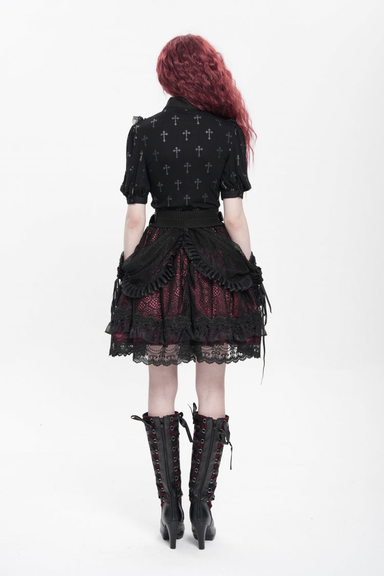 Crimson & Noir Multi-Layer Ruffled Buckle Strap Gothic Skirt