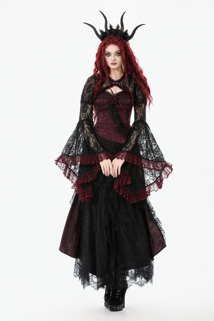 Crimson Noir Flared Lace Puff-Sleeve Women's Gothic Cape