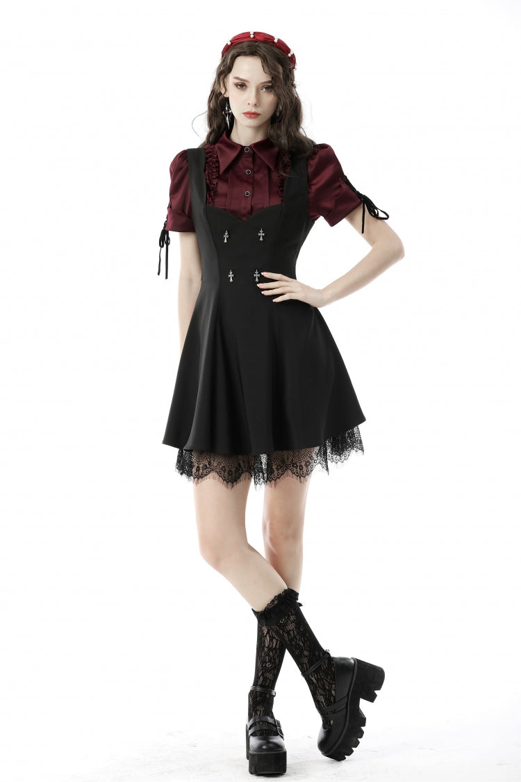 Burgundy Point Collar Short Puff Sleeve Ruffled Gothic Elegant Women's Blouse