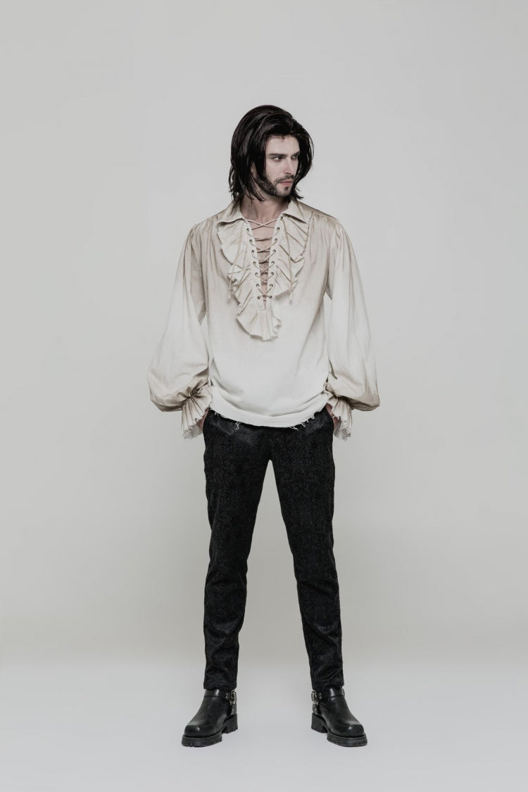 Steampunk Men's Long Sleeve Blouse with Ruched Lace-Up Details - Dual Shades