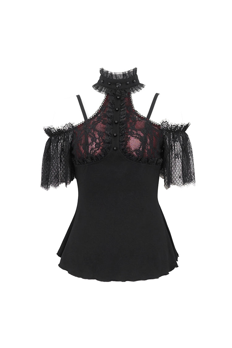 Crimson & Noir Off-Shoulder Lace Round Collar Panel Gothic Shirt