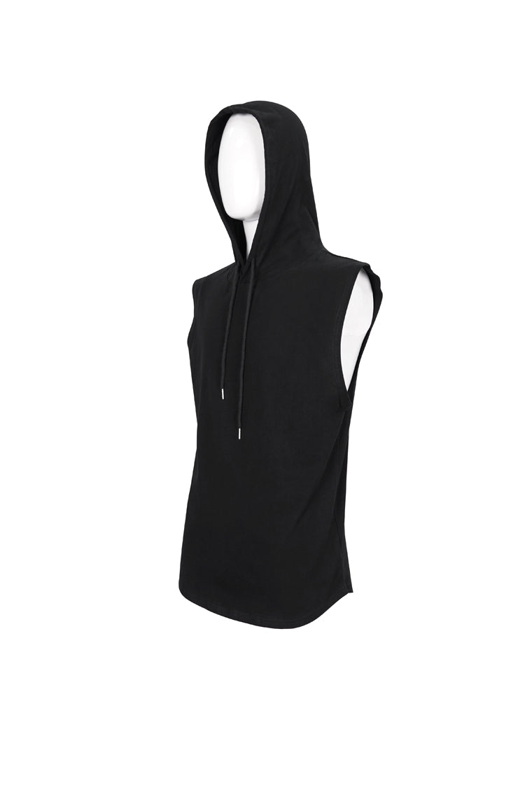 Men's Punk Sleeveless Hooded Tank Top in Irregular Black Knit Design