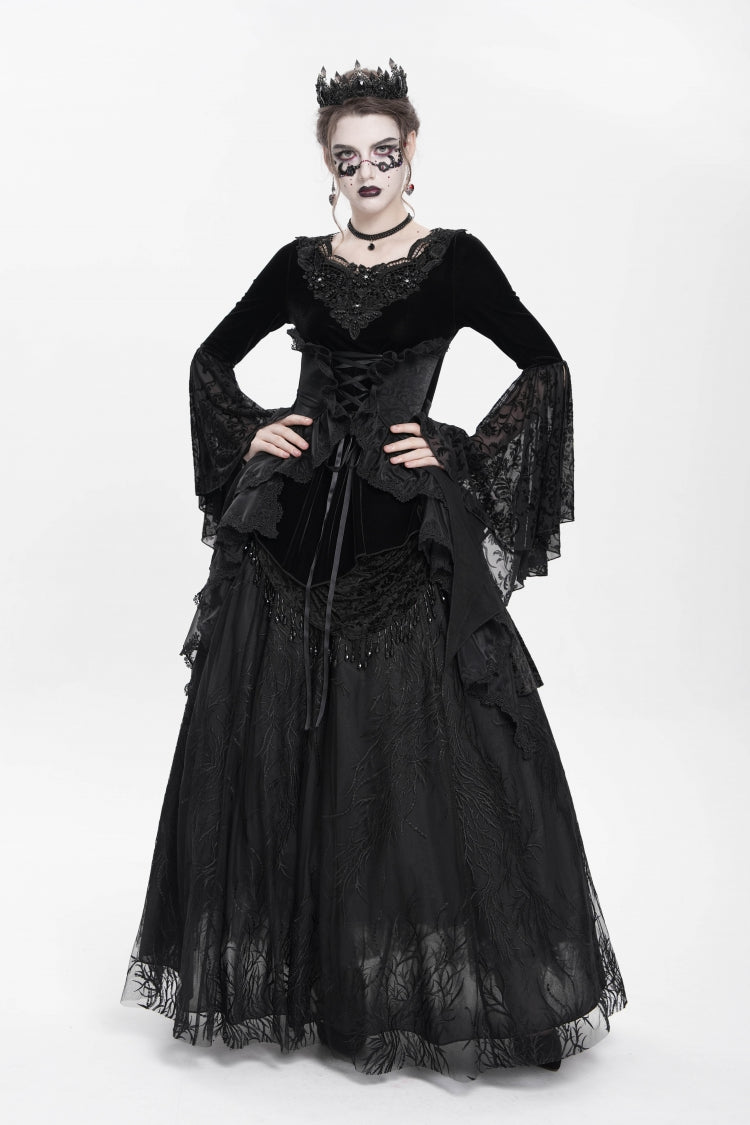 Beaded Pleated Gothic Blouse with Lace-Up Front and Extended Sleeves