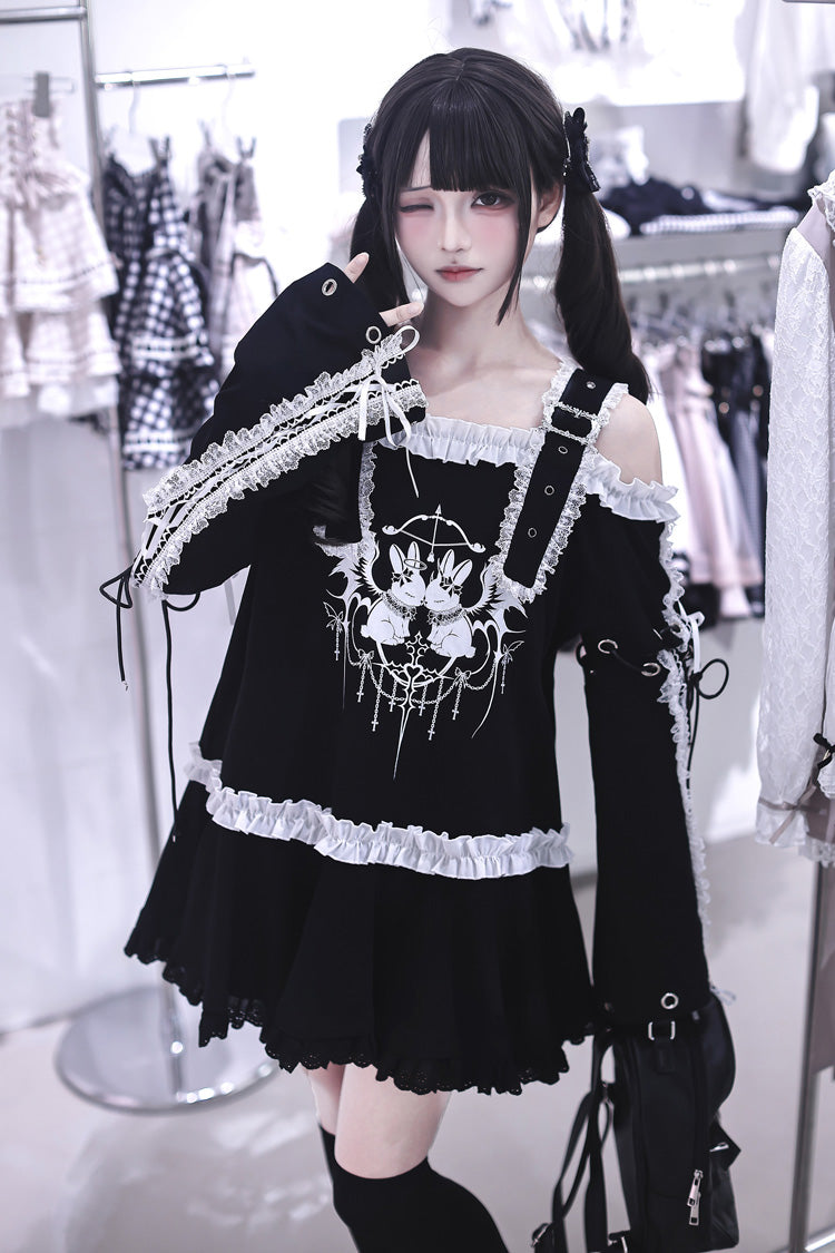 Off-Shoulder Ruffled Embroidered Punk Jirai Kei Dress - Bandage Bunny