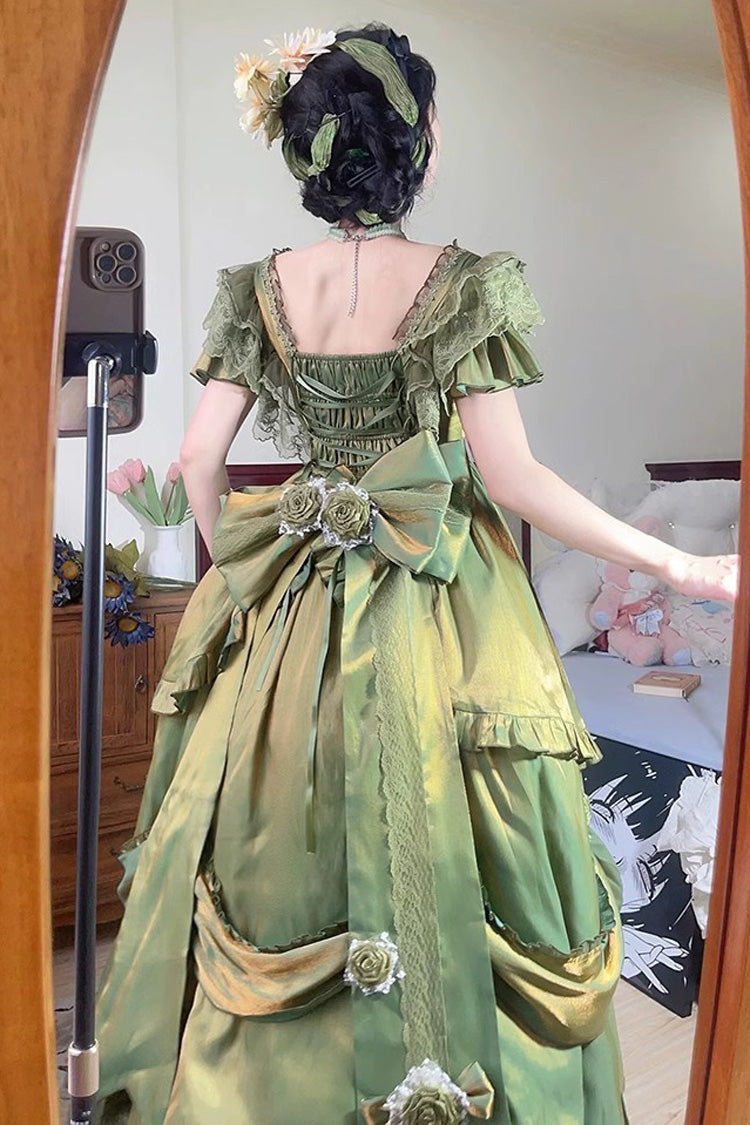 Emerald Tana Manor Rose Flower Long Sleeve Ruffle Bow Elegant Sweet Princess Lolita Strapless Gown