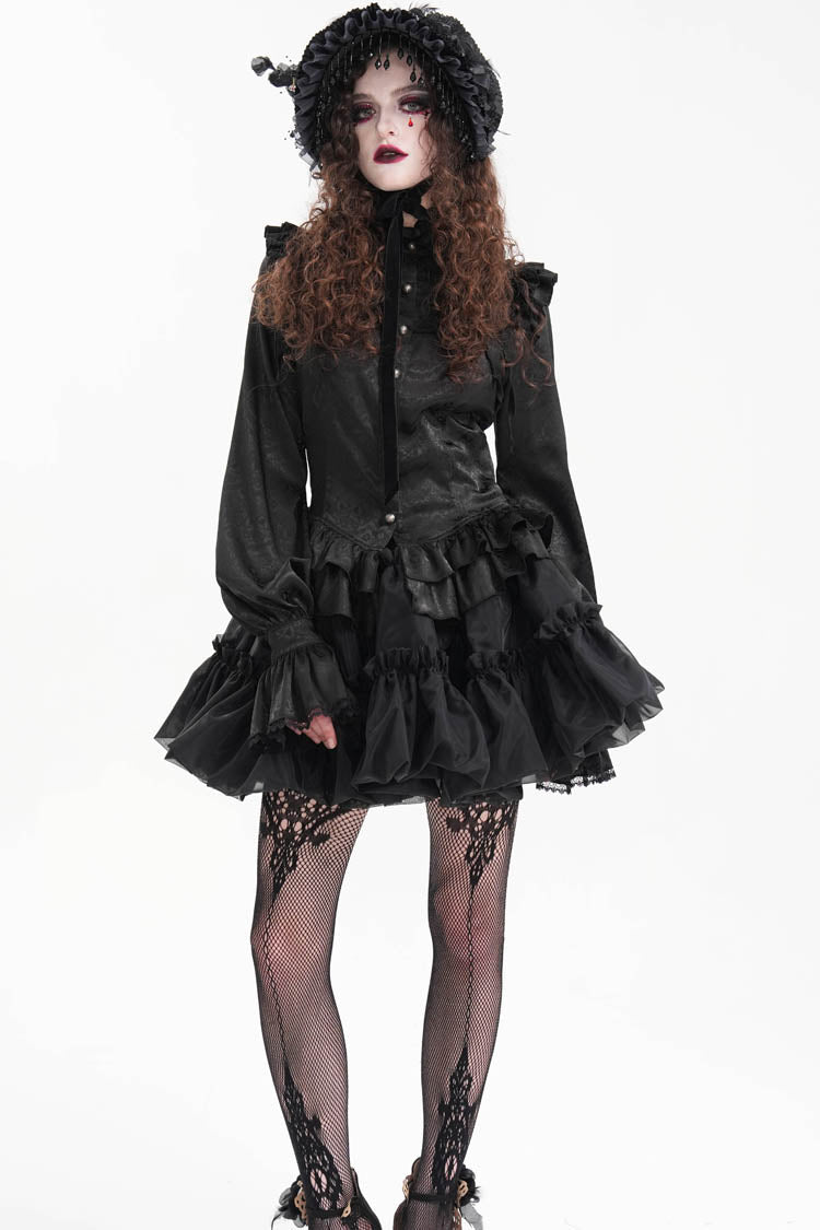 Women's Gothic Blouse with Ruffle Lace and Print, Long-Sleeve Victorian Style