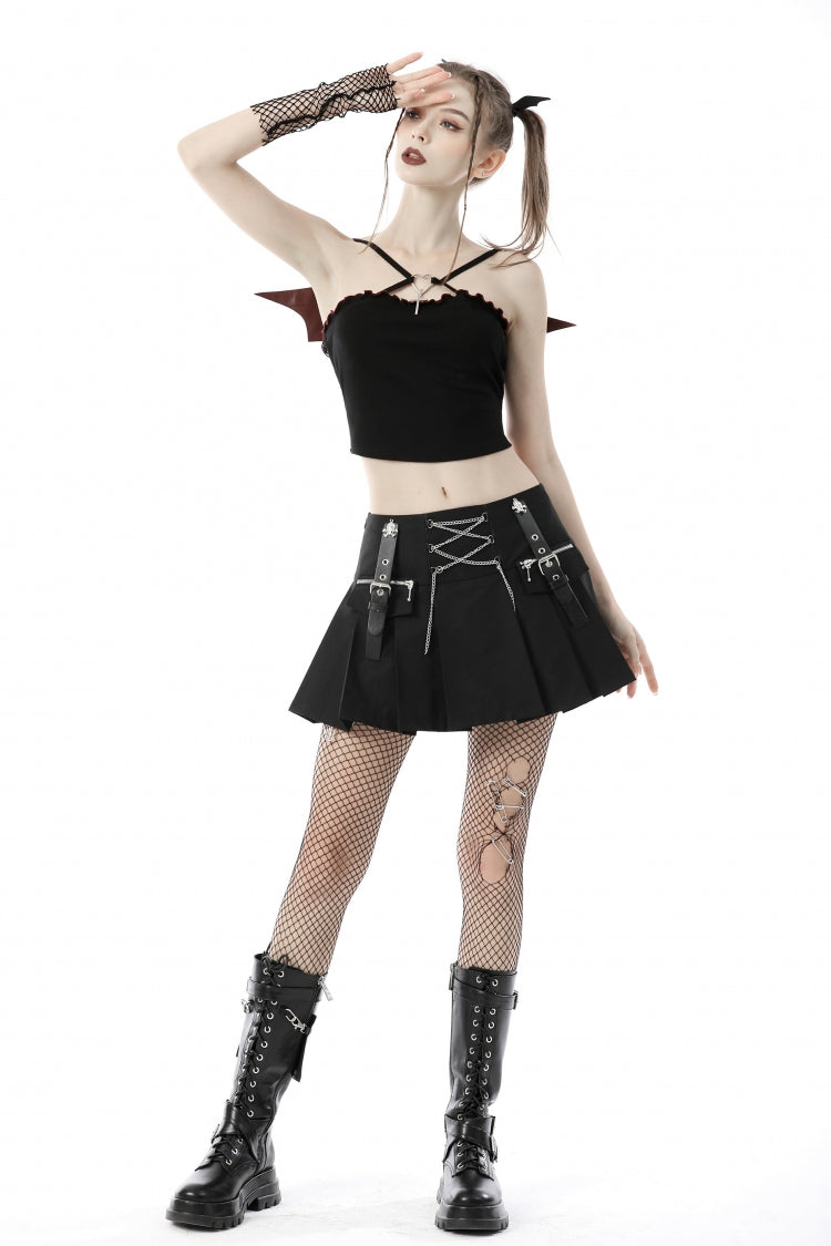 Women's Punk Rock Crop Top with Bat Wings, Backless Cut and Cross Lace-Up