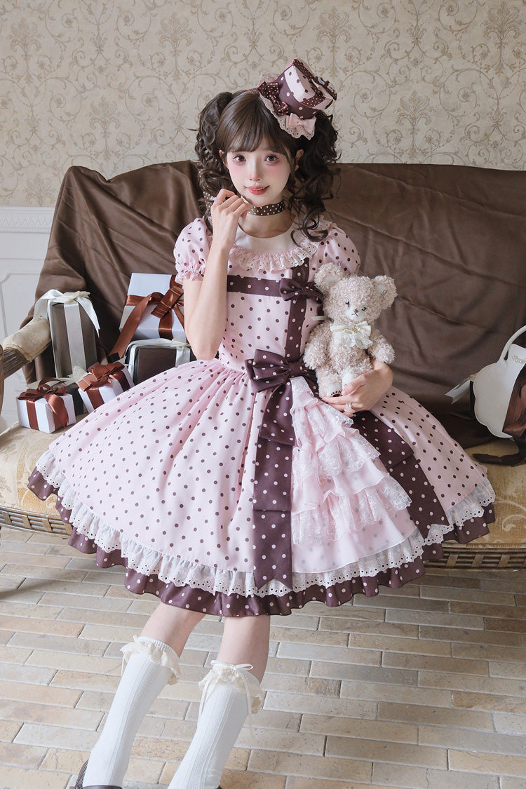 Canelé Gift Box Round Collar Short-Sleeve Polka Dot Ruffle Open Bow Asymmetric Lolita Dress