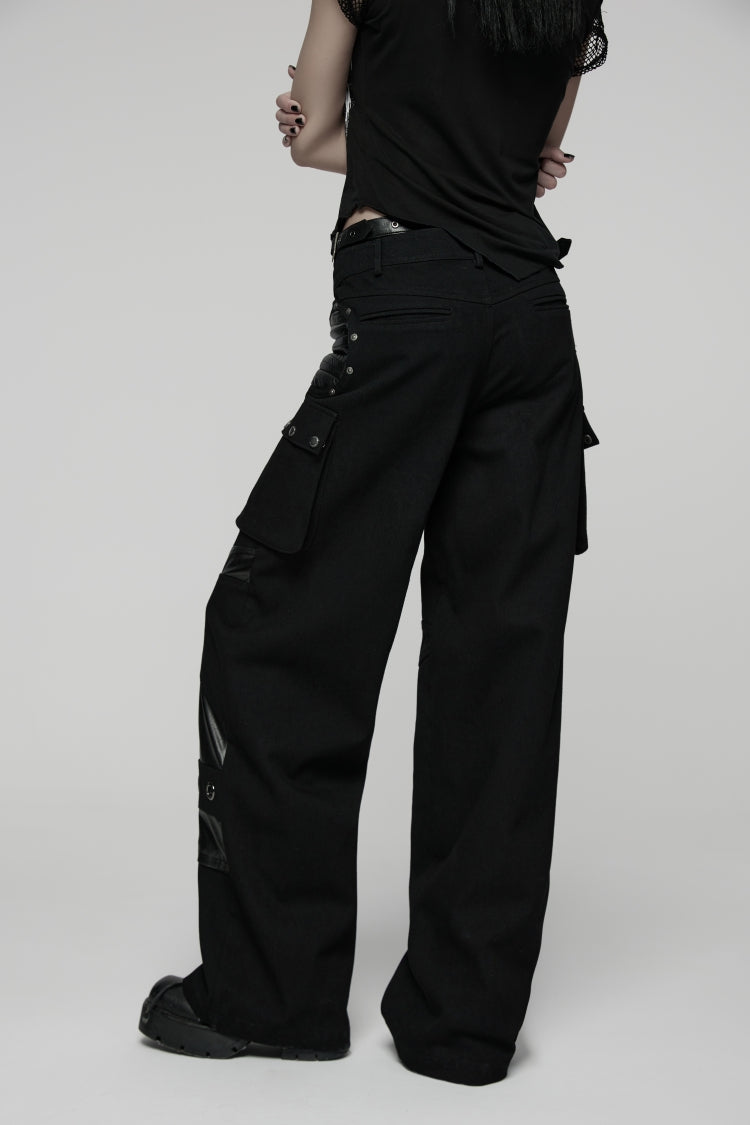 Punk Pants with Buckles and Big Pockets in Black Lace Design