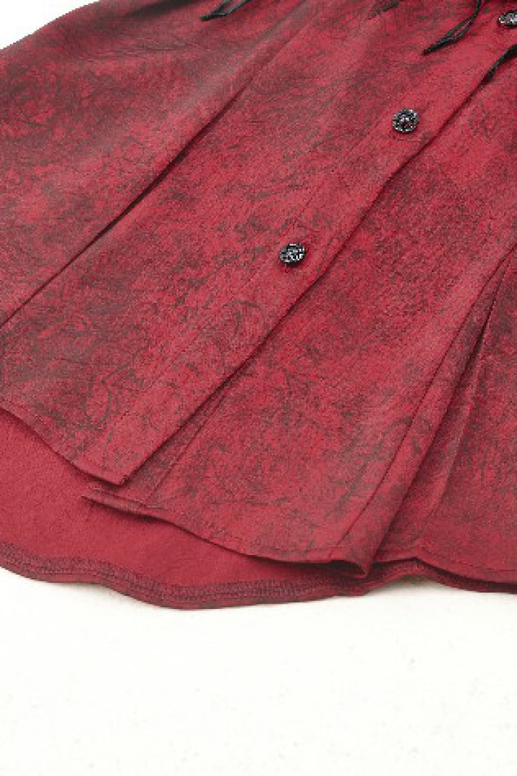 Crimson Gothic Blouse with Frilly Lace and Long Hime Sleeves