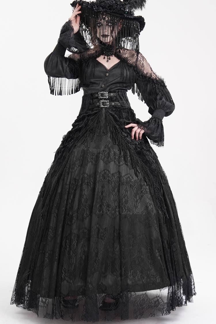 Lace-Up Tassel Embellished Long Skirt for Women - Gothic Edge