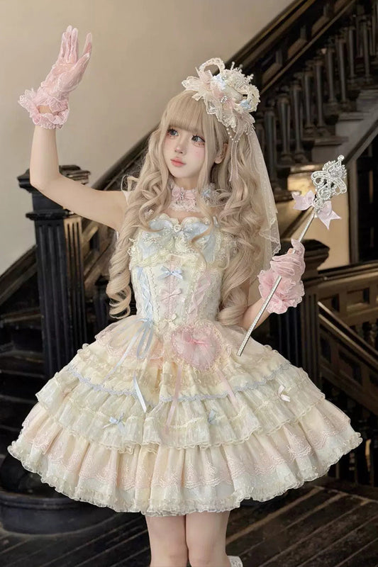 Cloudwhale Dreamweaver Square Collar Multi-Layered Ruffled Bow Lace Sweet Lolita Jsk Dress