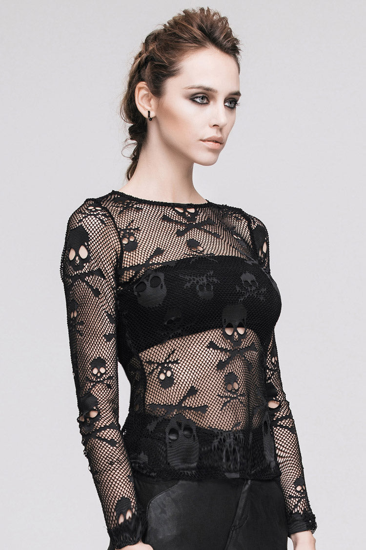 Bold Skull Knit Round-Neck Long-Sleeve Tee for Women