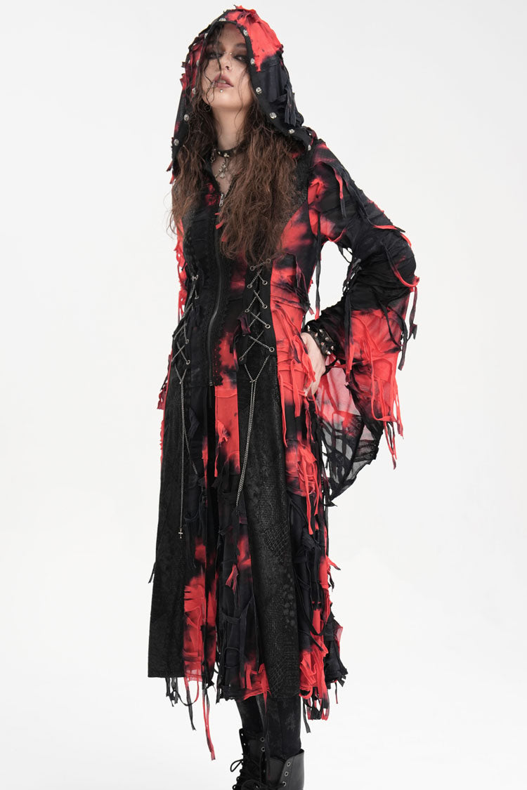 Crimson & Noir Long Sleeve Lace Distressed Zippered Punk Coat