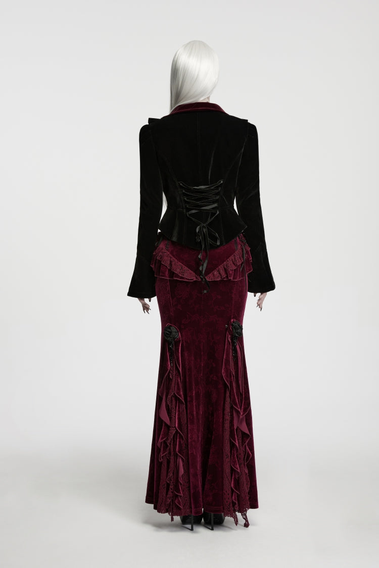 Crimson Noir Asymmetric Lace-Up Trumpet-Sleeve Royal Velvet Gothic Coat