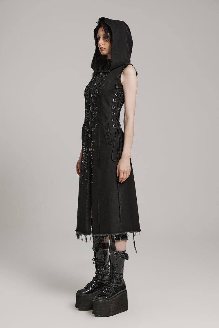 Sleeveless Hooded Vest with Drawstring and Pin Details