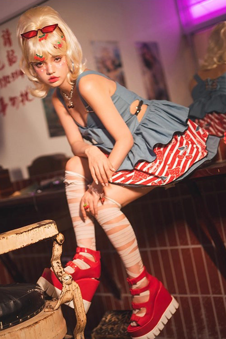 Denim JSK with Triple Ruffles and Bowknot, Vintage Japanese Style - Cherry