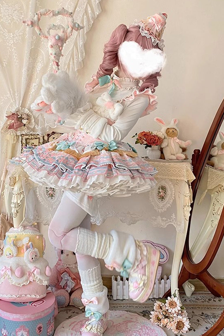 Candy House Multi-Layer Print Ruffle Bow Lace-Up Ballet Lolita JSK