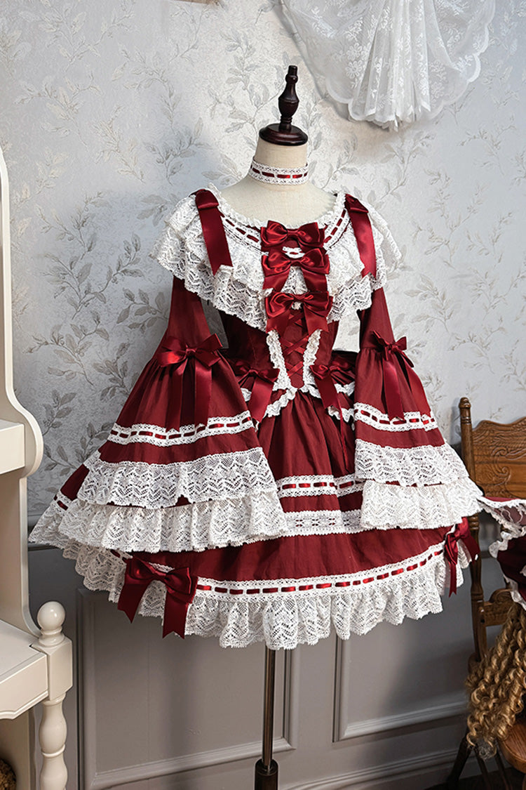 Burgundy Rabbit Sleeping Doll Print Flared Sleeves Ruffle Bow Lace Sweet Lolita Dress