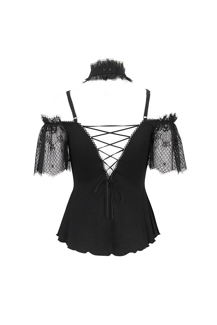 Crimson & Noir Off-Shoulder Lace Round Collar Panel Gothic Shirt