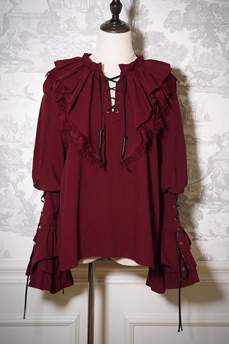 Burgundy Pirate Navigation Treasure Map V-Neck Long Hime Sleeve Ouji Lolita Blouse