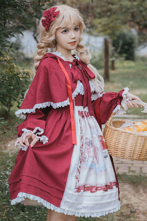 Crimson High-Waist JSK with Hooded Cape and Bow Accents
