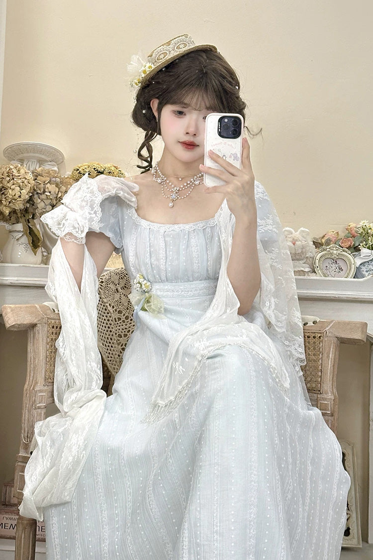 Azure Square Neck Short Sleeve Jacquard Frilled Lace Elegant Lolita Gown
