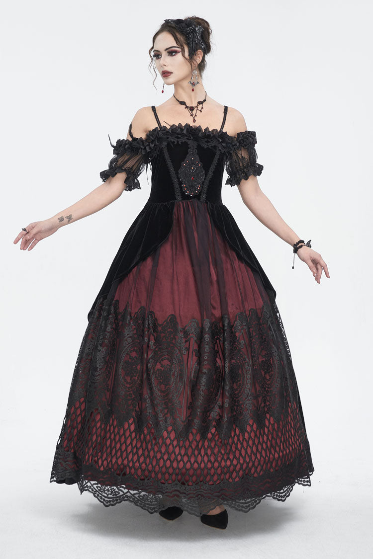 Crimson Gothic Dress with High Waist and Floral Lace Print