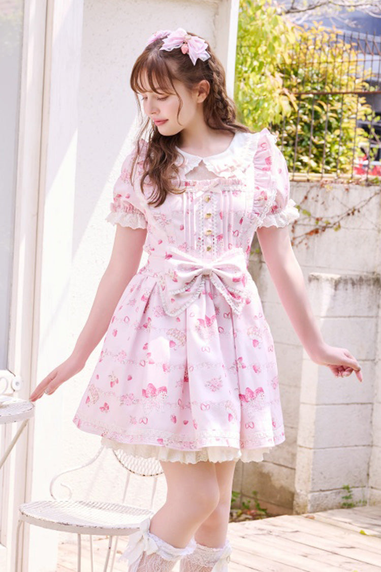 Creamy Berry Print Short Puff Sleeve Ruffle Lace-Up Jirai Kei Dress