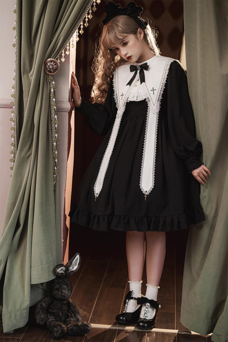 Elegant Nun-Inspired Gothic Dress with Ruffled Bow and Lace, Long Sleeves