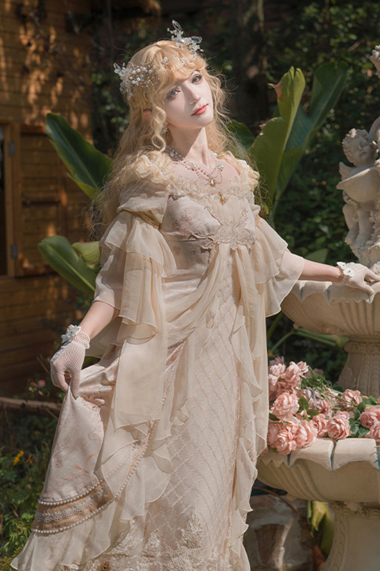 Bathing in the Light Short Sleeves Dress, Ruffle Embroidery Lace Sweet Elegant