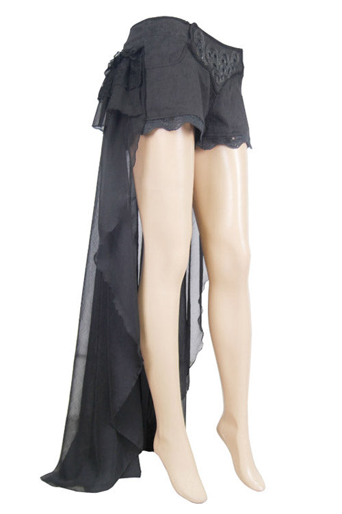 Gothic Short Women's Pants with Back Front Buckle Waist, Lace Up, Chiffon Lace Hem