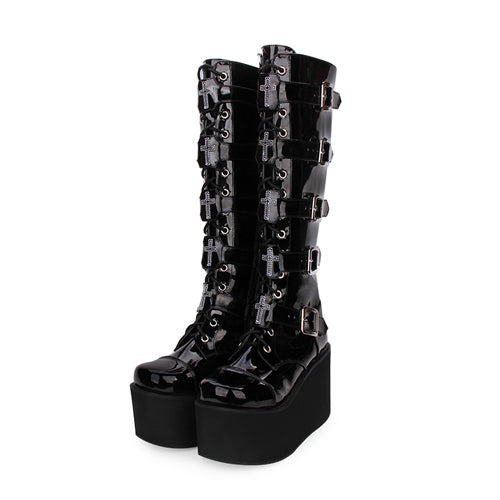 Long Gothic Lolita Boots in Patent Leather with Cross and Lace-Up Detail