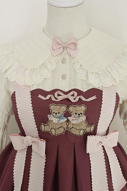 Burgundy Sheep and Bear Motif Alice Girl Bow Ruffle Sweet Lolita Jumper Dress