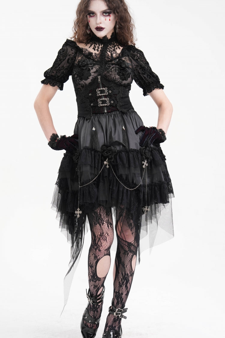 Women's Gothic Skirt with Chain Ruffle, Lace and Irregular Hem Cross