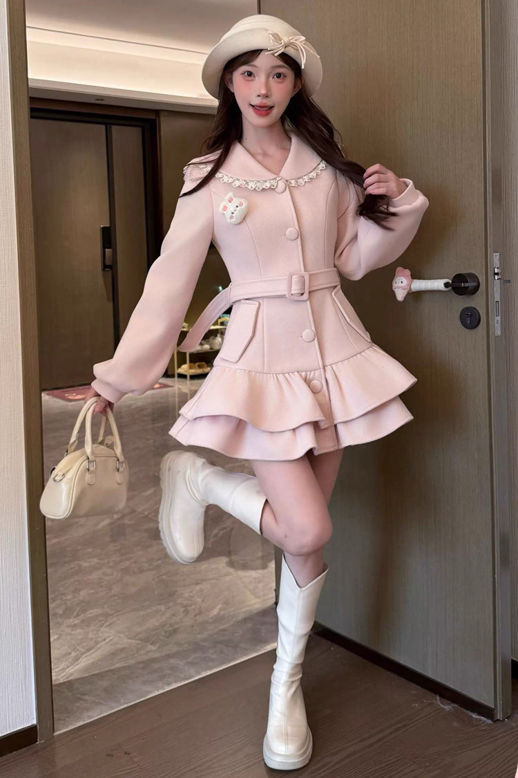 Berry Champagne Doll Collar Wool-Blend Coat, Long Sleeves Double-Layered Ruffled