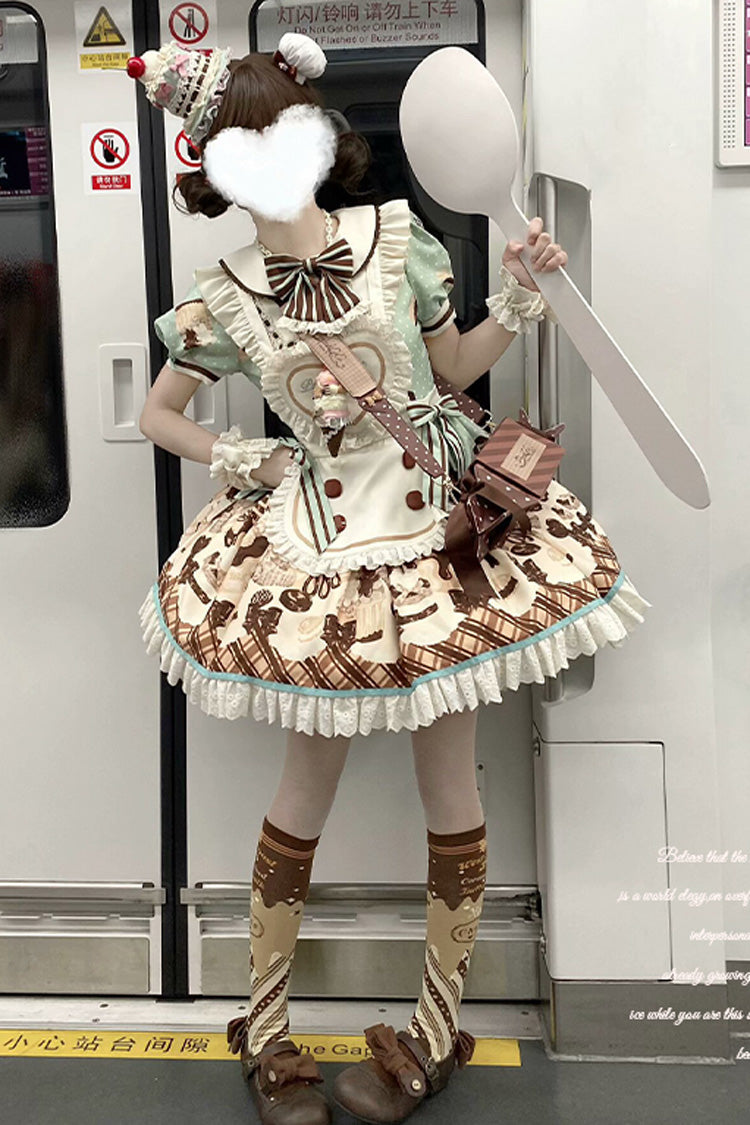 Sweet Lolita Dress with Chocolate Cake Bear Print and Lace-Up