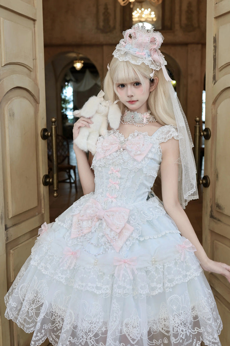 Square Collar Flutter Sleeves Jacquard Ruffled Bow Princess JSK - Bunny Dream Letter
