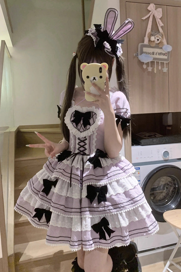 Sweet Lolita JSK with Striped Ruffle Bowknot and Lace-Up Front
