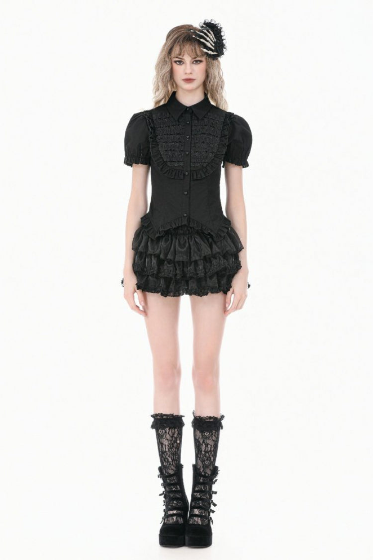 Victorian Slim Blouse with Ruffled Puff Sleeves - Gothic Edge