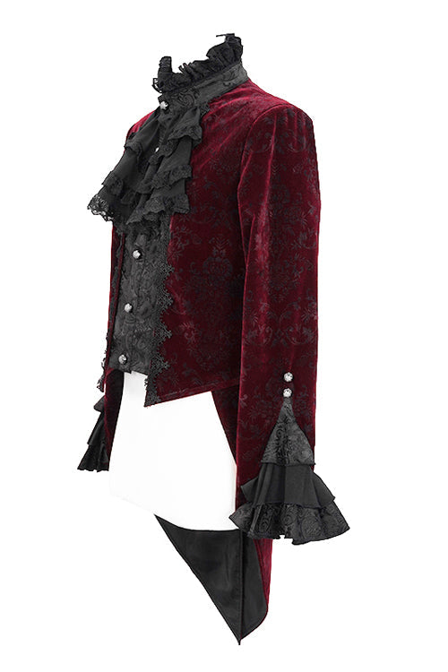 Lotus Leaf Corsage Collar Men's Red Gothic Swallowtail Coat