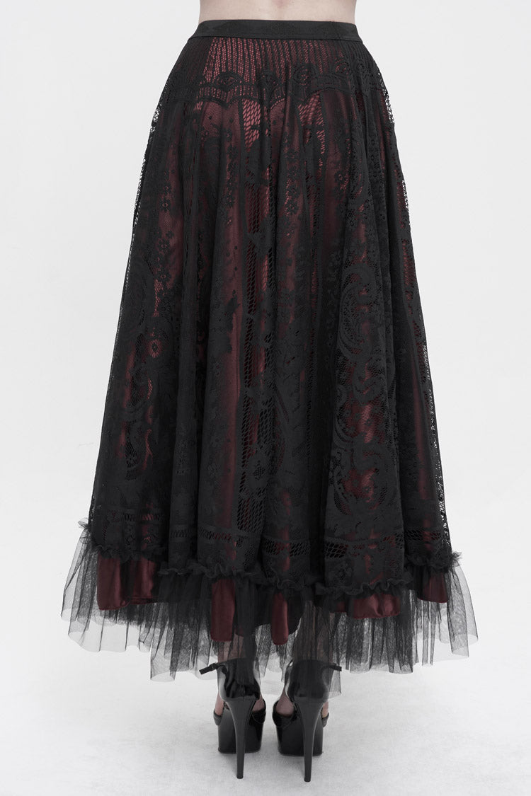Crimson Noir Lace Flower Mesh Paneled Ruffle Swing Gothic Skirt